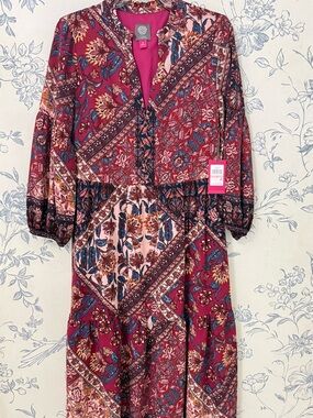 Vince Camuto Magenta Floral Patchwork Midi Dress